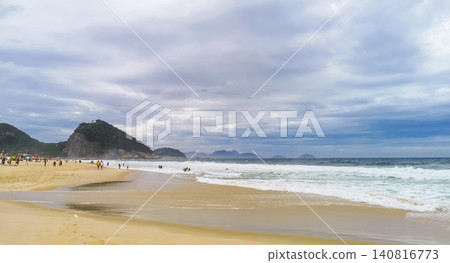 Tropical Copacabana Leme Beach Parasols People Rio de Janeiro Brazil. 140816773