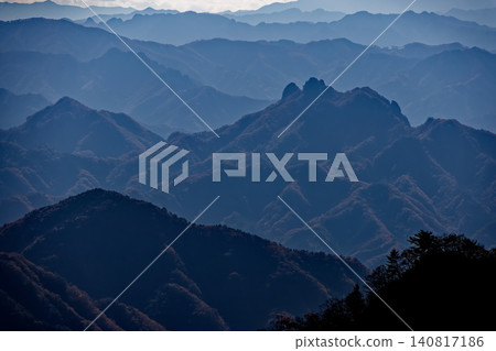 Mount Shikadake and the mountain range of western Joshu as seen from Ura-Myogi and Tanikyu-yama. Mount Shikadake and the mountain range of western Joshu as seen from Ura-Myogi and Tanikyu-yama. 140817186