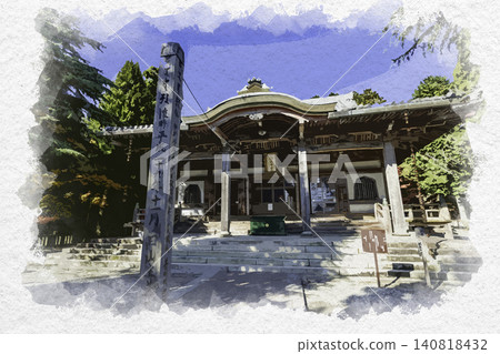 Watercolor style painting of the main hall (Konpon Chudo) at Banshu Shimizu-dera Temple, Kato City, Hyogo Prefecture. Watercolor style painting of the main hall (Konpon Chudo) at Banshu Shimizu-dera Temple, Kato City, Hyogo Prefecture. 140818432