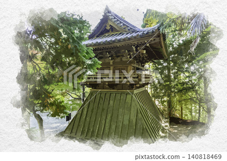 Watercolor style painting of the bell tower at Banshu Shimizu-dera Temple, Kato City, Hyogo Prefecture Watercolor style painting of the bell tower at Banshu Shimizu-dera Temple, Kato City, Hyogo Prefecture 140818469