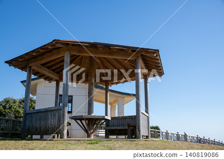 Shima City, Mie Prefecture: Gazebo at Hachiman-san Park (Daiozaki Lighthouse) - Image of the gazebo against the blue sky Shima City, Mie Prefecture: Gazebo at Hachiman-san Park (Daiozaki Lighthouse) - Image of the gazebo against the blue sky 140819086