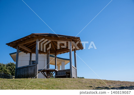 Shima City, Mie Prefecture: Gazebo at Hachiman-san Park (Daiozaki Lighthouse) - Image of the gazebo against the blue sky Shima City, Mie Prefecture: Gazebo at Hachiman-san Park (Daiozaki Lighthouse) - Image of the gazebo against the blue sky 140819087