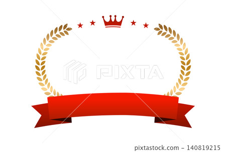 Five emblem materials (without text) featuring a laurel wreath frame and red ribbon, suitable for promotional and sales POP displays. 140819215