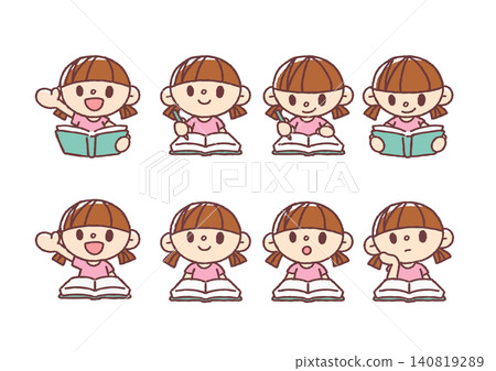 一組描繪女孩學習的插圖——簡潔可愛。 140819289