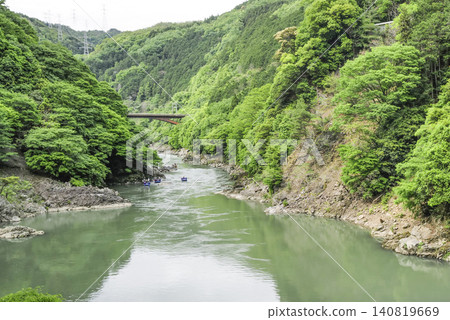 The Hozugawa River as seen from the Sagano Scenic Railway. The Hozugawa River as seen from the Sagano Scenic Railway. 140819669