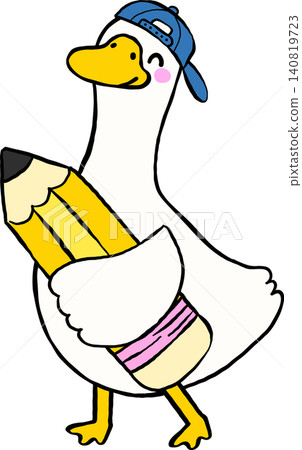 Goose Back to School Student Character Holding a Pencil Cartoon Hand Drawn 140819723