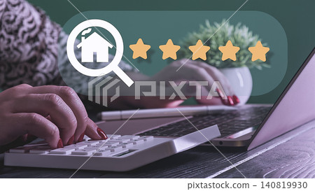 Top-Rated Real Estate Search Concept. Woman Using Calculator with 5-Star Property and House Magnifying Glass Hologram Top-Rated Real Estate Search Concept. Woman Using Calculator with 5-Star Property and House Magnifying Glass Hologram 140819930