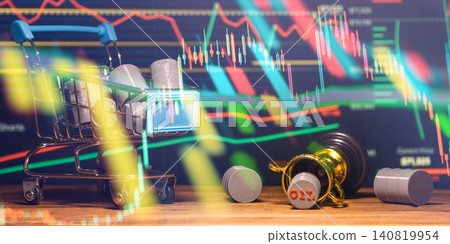 Oil market volatility concept. Miniature shopping cart with barrels and fallen trophy overlaid with colorful dropping financial stock charts. Oil market volatility concept. Miniature shopping cart with barrels and fallen trophy overlaid with colorful dropping financial stock charts. 140819954