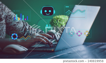 Woman Using Laptop with Futuristic Artificial Intelligence Chat Interface Hologram Woman Using Laptop with Futuristic Artificial Intelligence Chat Interface Hologram 140819958