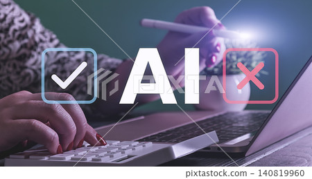 Evaluating AI Technology Concept: Businesswoman Making Strategic Decision with Artificial Intelligence Checkmark and Cross Hologram Evaluating AI Technology Concept: Businesswoman Making Strategic Decision with Artificial Intelligence Checkmark and Cross Hologram 140819960
