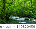 A clear stream surrounded by fresh greenery (Oirase Stream) 140820459