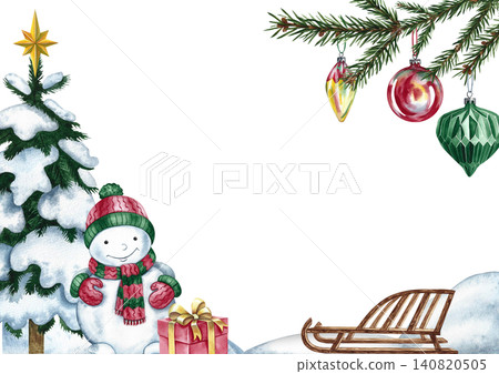Christmas card with a snowman, a Christmas tree, a sled, gifts, and decorations on a Christmas tree branch. Hand-drawn watercolor illustration. For Christmas, New Year greeting cards, and more. Christmas card with a snowman, a Christmas tree, a sled, gifts, and decorations on a Christmas tree branch. Hand-drawn watercolor illustration. For Christmas, New Year greeting cards, and more. 140820505