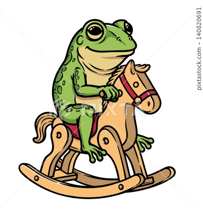frog riding a toy wooden horse frog riding a toy wooden horse 140820691