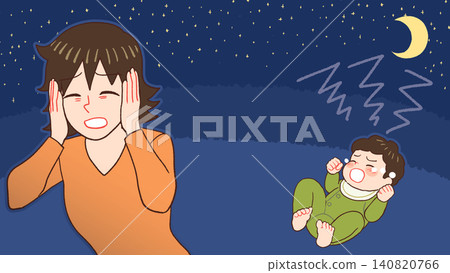 嬰兒晚上哭,產後抑鬱症的母親 嬰兒晚上哭,產後抑鬱症的母親 140820766
