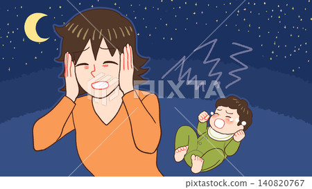 Baby crying at night, mother of postpartum depression Baby crying at night, mother of postpartum depression 140820767