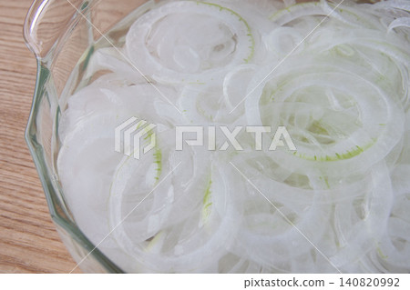 Sliced onions soaked in water Sliced onions soaked in water 140820992