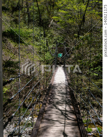 The Shiokara Valley Suspension Bridge spans a forest of fresh greenery. The Shiokara Valley Suspension Bridge spans a forest of fresh greenery. 140821175