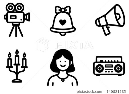 Collection of lifestyle and communication icons featuring camera bell and audio equipment Collection of lifestyle and communication icons featuring camera bell and audio equipment 140821285