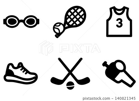 Set of black and white sports icons including tennis racket, whistle, and basketball jersey Set of black and white sports icons including tennis racket, whistle, and basketball jersey 140821345
