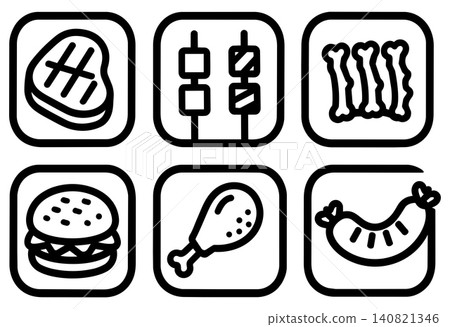 Set of black and white vector food icons featuring steak burger drumstick sausage and meat 140821346