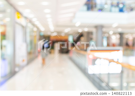 Soft focus shopping mall interior modern retail corridor bright lighting empty walkway defocused background ideal for commercial business advertising copy space 140822113