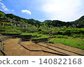 A scene of terraced rice paddies in fallow fields in early summer, with carp streamers flying. 140822168