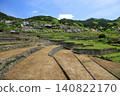 A scene of terraced rice paddies in fallow fields in early summer, with carp streamers flying. 140822170