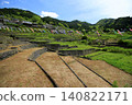A scene of terraced rice paddies in fallow fields in early summer, with carp streamers flying. 140822171