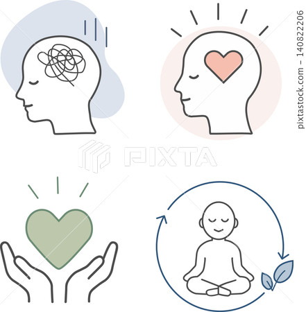 A set of simple line art icons representing mental health and stress care. A set of simple line art icons representing mental health and stress care. 140822206