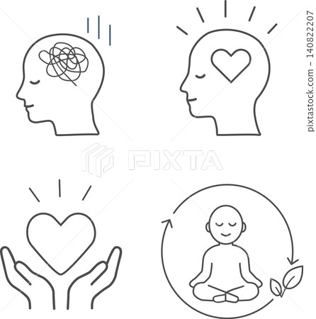 A set of simple line art icons representing mental health and stress care. 140822207