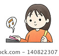 A hand-drawn illustration of a woman using contactless payment/cashless payment. 140822307
