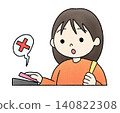 A hand-drawn illustration of a woman who cannot use contactless payment or cashless payment. 140822308