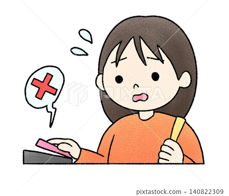 A hand-drawn illustration of a woman panicking because she can't make a contactless payment or cashless payment. 140822309