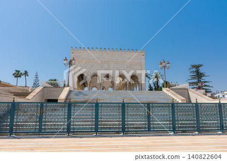 The grand staircase leads to the white marble entrance of the Mausoleum of Mohammed V in Rabat, Morocco. The grand staircase leads to the white marble entrance of the Mausoleum of Mohammed V in Rabat, Morocco. 140822604
