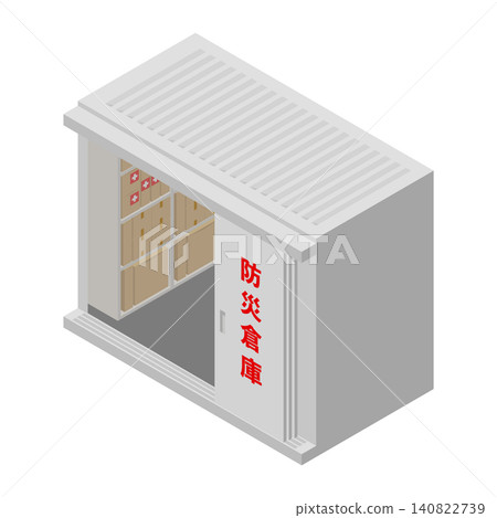 一個等距視角的防災倉庫,裡面存放著緊急物資和急救箱。 一個等距視角的防災倉庫,裡面存放著緊急物資和急救箱。 140822739