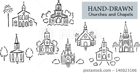 Hand-drawn church/chapel illustration set, line art sketch style, for weddings, marriage ceremonies, and religious architecture. 140823166