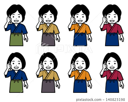 [Different hairstyle] Icon of a woman in a samue (traditional Japanese work clothing) and apron making a phone call on her smartphone. 140823198