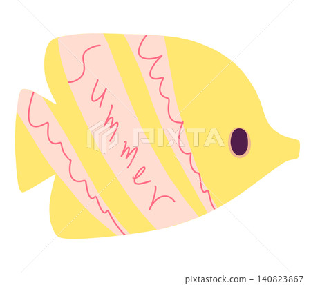 一條黃色的熱帶魚,上面寫著「夏天」這兩個字。 一條黃色的熱帶魚,上面寫著「夏天」這兩個字。 140823867
