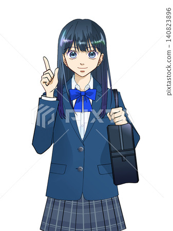 An anime-style illustration of a female student smiling, holding a school bag, and pointing, against a white background. An anime-style illustration of a female student smiling, holding a school bag, and pointing, against a white background. 140823896