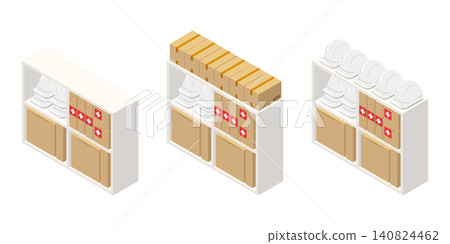 急救箱和災害緊急用品存放在白色辦公室儲物架上。 急救箱和災害緊急用品存放在白色辦公室儲物架上。 140824462