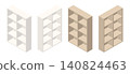 A set of isometric open shelves in different colors and angles. 140824463