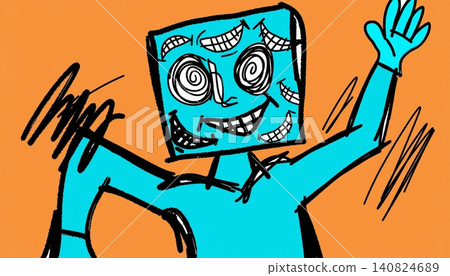Surreal Blue Box Head Character Waving Greeting Surreal Blue Box Head Character Waving Greeting 140824689