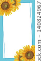 Vector illustration (light blue) of a square frame with hand-drawn watercolor sunflowers in the upper left and lower right corners [9:16 portrait] 140824967