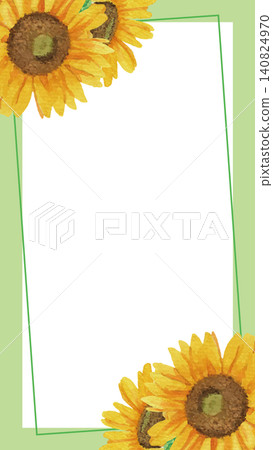 Vector illustration (green) of a square frame with hand-drawn watercolor sunflowers in the upper left and lower right corners [9:16 portrait] 140824970