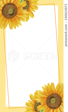 Vector illustration (yellow) of a square frame with hand-drawn watercolor sunflowers in the upper left and lower right corners [9:16 portrait] 140824971