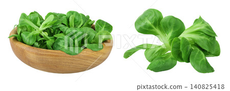 Valerian leaves salad. Corn salad in wooden bowl isolated on white backgrounds. Lettuce salad. Valerian leaves salad. Corn salad in wooden bowl isolated on white backgrounds. Lettuce salad. 140825418