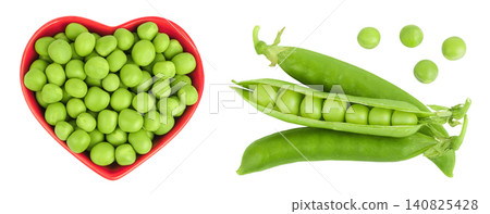 Fresh green peas in ceramic bowl isolated on white background. Top view. Flat lay Fresh green peas in ceramic bowl isolated on white background. Top view. Flat lay 140825428
