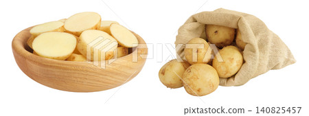 young potato slices in a wooden bowl and bag isolated on white background. Harvest new young potato slices in a wooden bowl and bag isolated on white background. Harvest new 140825457