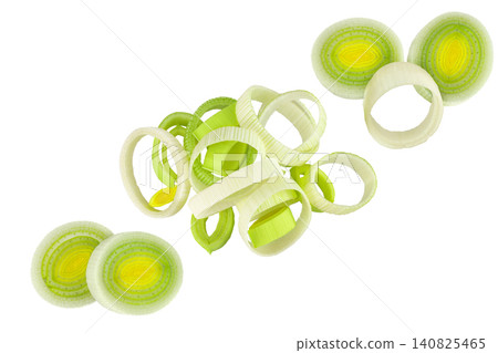 sliced Leek vegetable isolated on white background. Top view. Flat lay sliced Leek vegetable isolated on white background. Top view. Flat lay 140825465