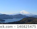 Mount Fuji, covered in snow, and the blue sky as seen across Lake Ashi. 140825475